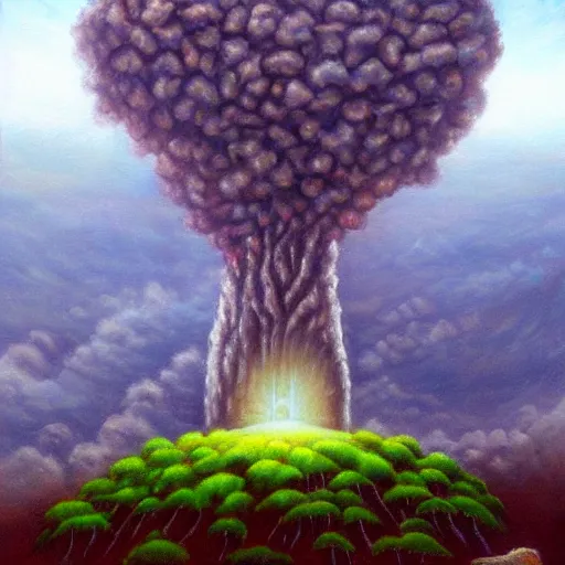 Image similar to A beautiful leafy tree as big as a mushroom cloud, shading a regular-sized modern city below it. Fantasy art, oil painting.