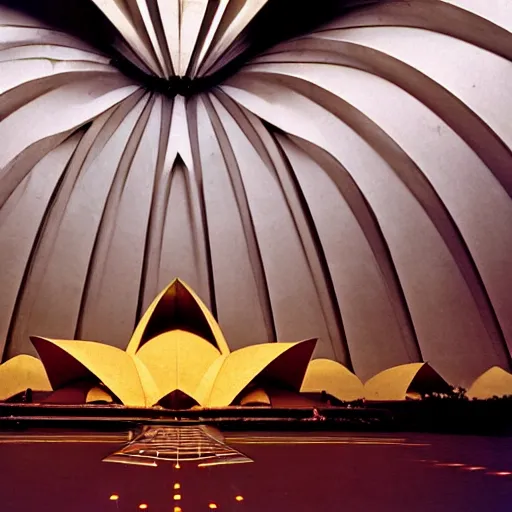 Prompt: eerie dark interior of a futuristic lotus temple with gold, red and white marble panels, smoke and shafts of sunlight in the centre, in the desert, by buckminster fuller and syd mead, intricate contemporary architecture with art nouveau motifs, photo journalism, photography, cinematic, national geographic photoshoot