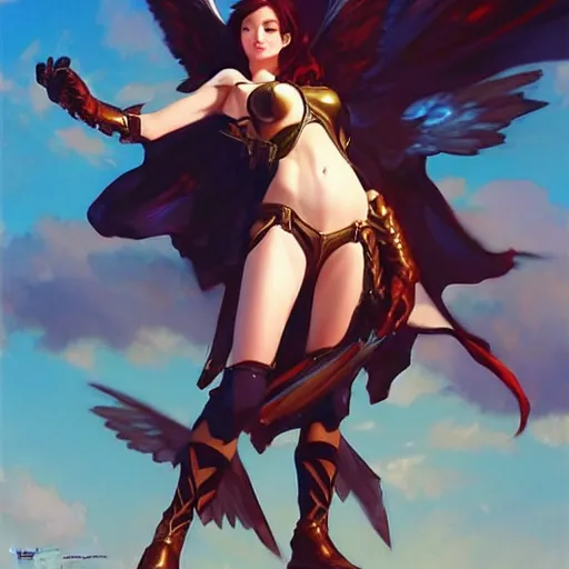 Image similar to greg manchess painting of anime woman in armor, long wings, soft lighting, trending on artstation, by huang guangjian and gil elvgren and krenzcushart