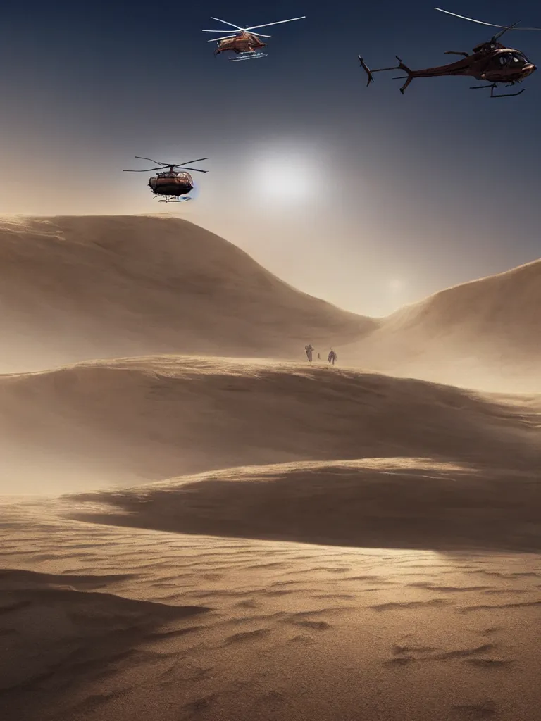 Prompt: a helicopter flying over a sand hills covered in dust, desert environment, extremely detailed matte painting by jeremy geddes, featured on cg society, video art, reimagined by industrial light and magic, anamorphic lens flare, # vfxfriday