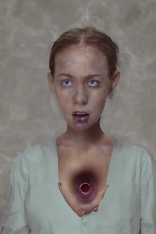 Image similar to portrait of a girl merge with parasite monster that mind control and lay eggs, still shot from movie