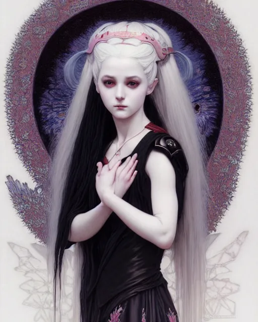 Image similar to portrait of beautiful cute young goth maiden girl with white hair in warhammer armor, art by ( ( ( kuvshinov ilya ) ) ) and wayne barlowe and gustav klimt and artgerm and wlop and william - adolphe bouguereau