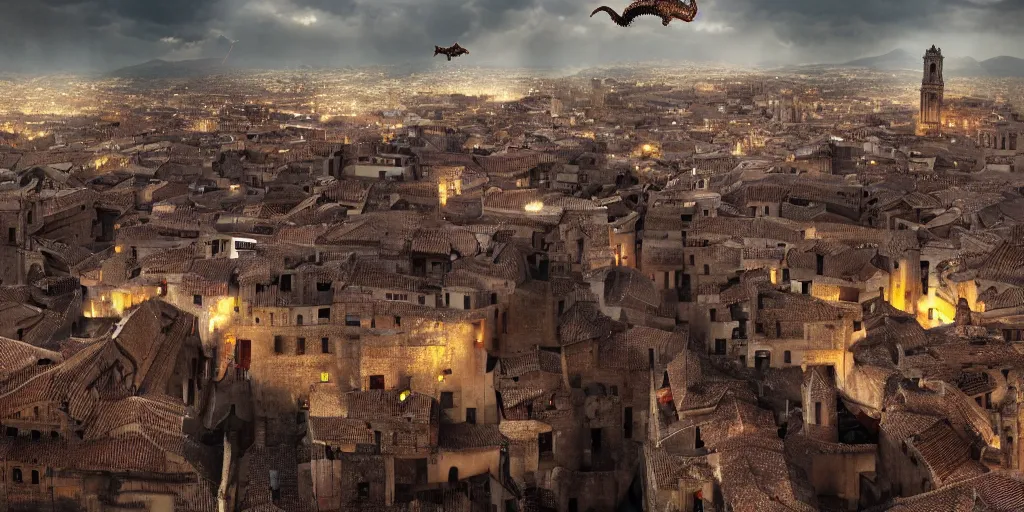 Image similar to the monumental city of caceres with a dragon flying over it, dramatic lighting, cinematic, extremly high detail, photorealistic, cinematic lighting, post processed, concept art, artstation, matte painting, style by greg rutkowsky