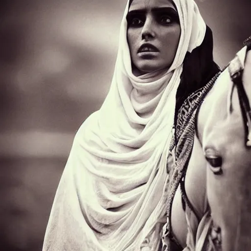 Prompt: beautiful burqa's woman, ride horse in saharan, dress like taliban, sharp eyes, white skin, beautiful tatted hands, riffle on chest, dust, cinematic, dynamic pose, pinterest