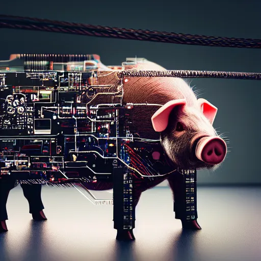 Image similar to a portrait photograph of a big aggressive male cyberpunk pig, circuit boards, motherboard, mainboard, wires, cable management, electrical wires, activity lights, cyberpunk, artstation, detail, hyperrealistic, digital photograph, natural light canon eos c 3 0 0, ƒ 1. 8, 3 5 mm, 8 k