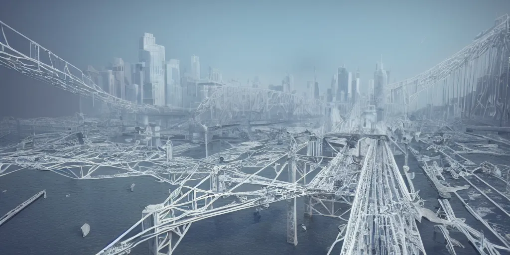 Prompt: explosions in the form of realistic white cotton plants on harbour bridge, huge white cotton everywhere on the destroyed harbour bridge, smooth, sharp focus, highly detailed, 3 d octane render, epic lighting, lots of white cotton, 8 k, by beeple