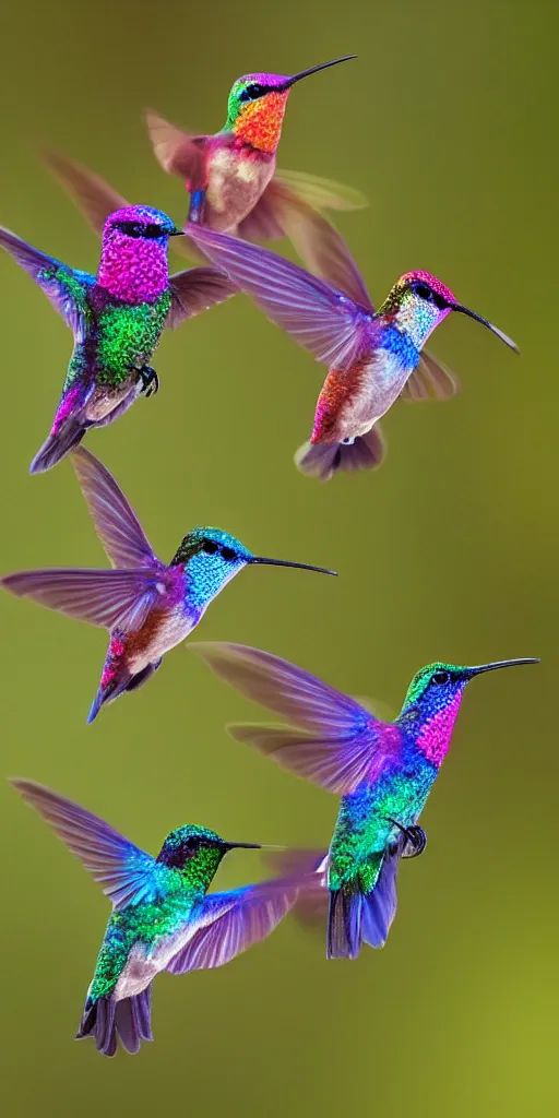 Image similar to luminescent hummingbirds, made of pure energy and intricate details, glowing, feeding on the nectar of the gods, macro lens, blur background