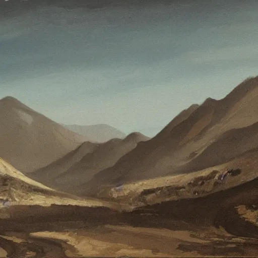 Prompt: painting of an obsidian landscape with mountains