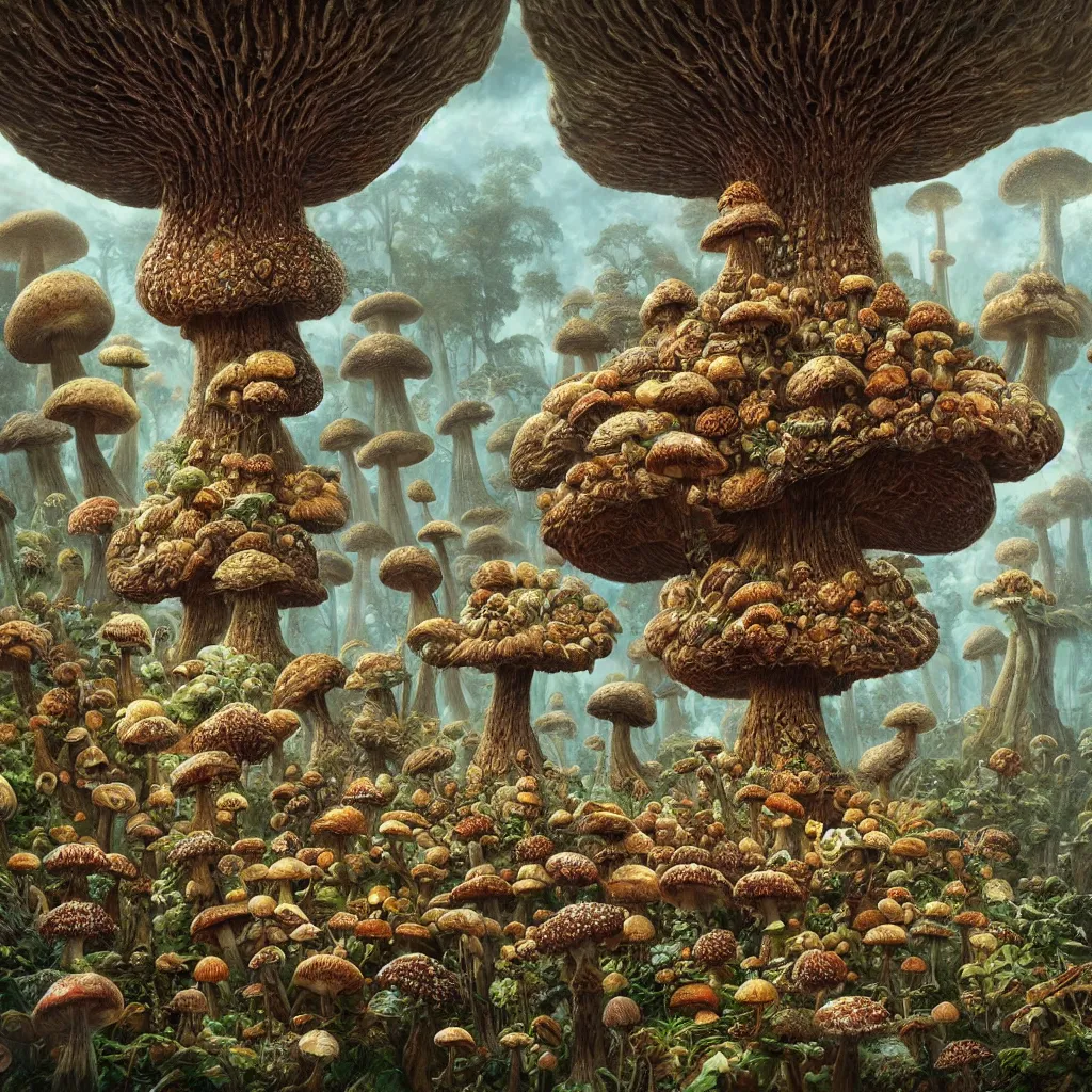 Image similar to the big mushroom, a beautiful hyper realistic detailed concept art of a fractal eldritch and fascinating mushroom forest with morels at foreground and amanitas and puffballs and psilocybes and reishi and spores on several floors by andreas rocha and john howe and dan mumford and albert bierstadt, nausicaa, ultrawide angle, artstation, pinterest