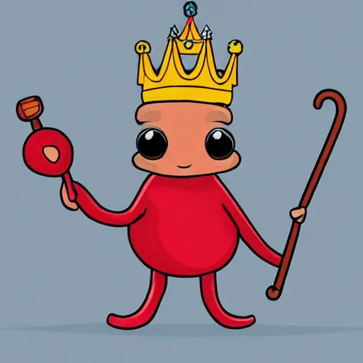 Image similar to kidney bean holding a staff, wearing crown, cartoon character, digital art, fun,