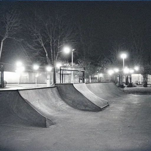 Image similar to a 1 9 9 0's photograph of a skatepark in a small town at dusk, polaroid, candid photography