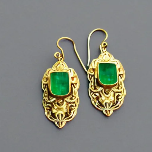 Prompt: creepy artnouveau style earrings made of gold ivory emerald