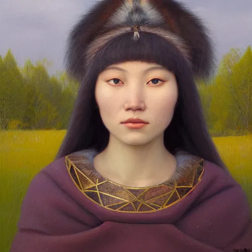 Image similar to a ultradetailed beautiful painting of a young european inuit woman in the park by hsiao ron cheng, ngai victo, nivanh chanthara jean delville wlop and dougherty patrick, trending onv artstation, alaska, light sparkles, major arcana sky, sharp focus, soft light