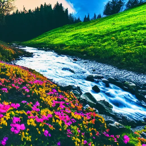 Prompt: nature, hills, stream, colorful flowers, rocks, sunset, moody, cinematic, 8K, ground up angle