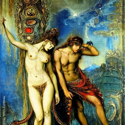 Image similar to a symbolist painting about the lie we live in the style of Jupiter and Semele by Gustave Moreau