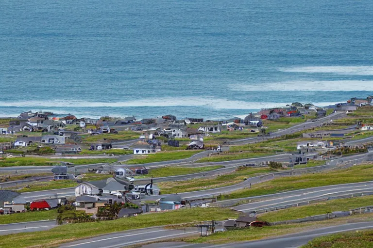 Prompt: loking down road, infinite houses lining the road, ocean, with the biggest town in the world, telephoto lens compression