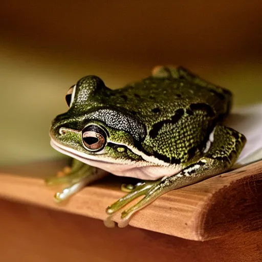 Prompt: sleeping frog on a small bed, photography,