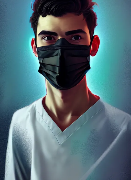 Image similar to handsome young man with black medical mask, half body shot, path traced, highly detailed, high quality, digital painting, alena aenami, lilia alvarado, shinji aramaki, karol bak, alphonse mucha, tom bagshaw