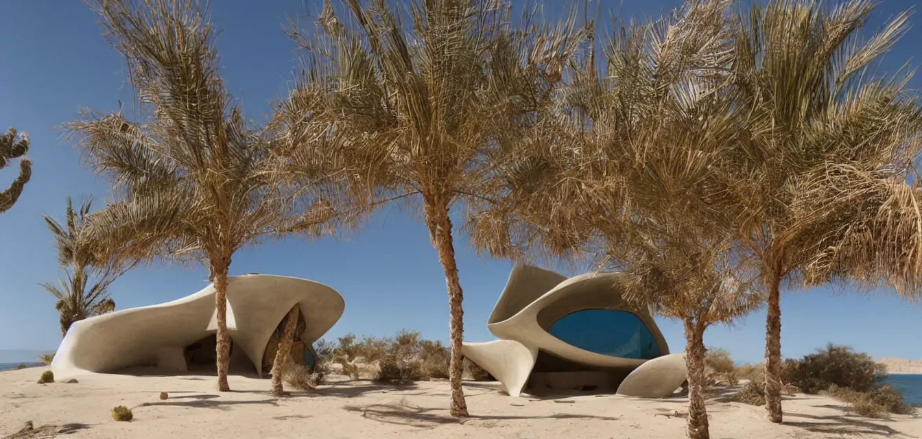 Prompt: a baja california desert by the sea, a seashell shaped house, in the style of maurice noble