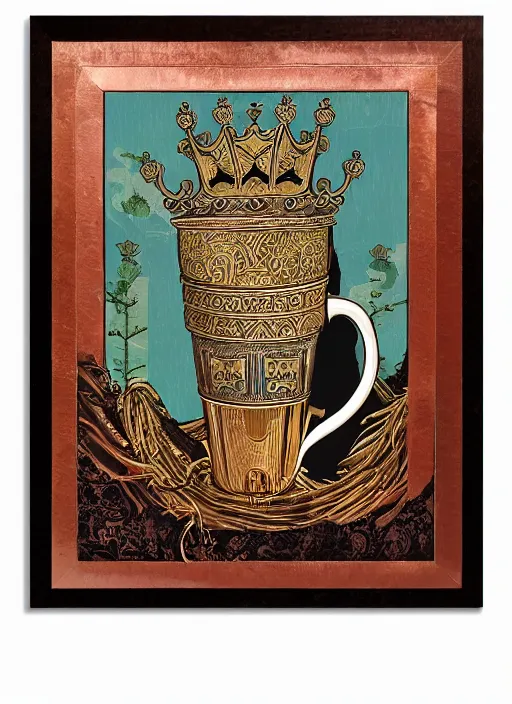 Image similar to sloth as the king of cups, copper cup, coper crown, poster framed, intricate details, medieval art style, high contrast, posterized