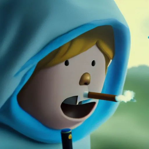 Image similar to hyper realistic photo of finn the human from adventure time smoking a cigarette, 4 k, hyper realistic, dslr, high resolution, landscape, beautiful