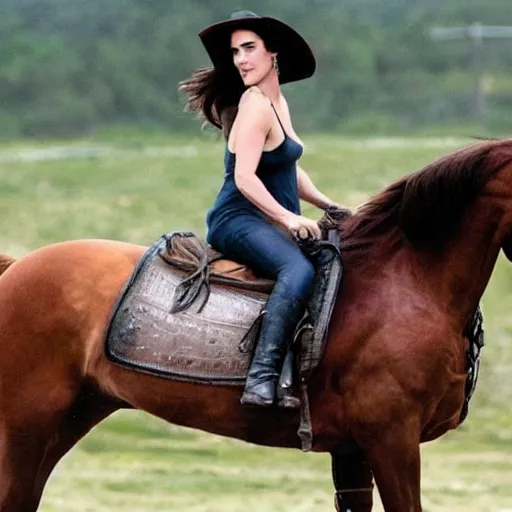 Prompt: jennifer connelly riding a horse high detail