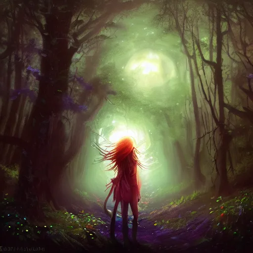 Prompt: girl druid in a dark moonlit forest, irish, expressive oil painting, volumetrics, detailed, by Dan Mumford, by Artgerm, by Yoshitaka Amano, matte art, digital art