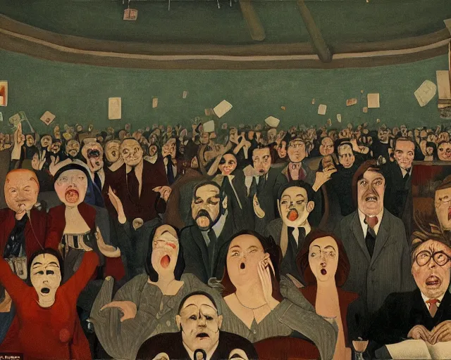 Image similar to the horror of beaurocracy, papers, horror, desks, office, waiting, stress, frustration, anger, crowded, harsh cinematic lighting, high qulity, 4 k, by charles addams and hilma af klint and affandi