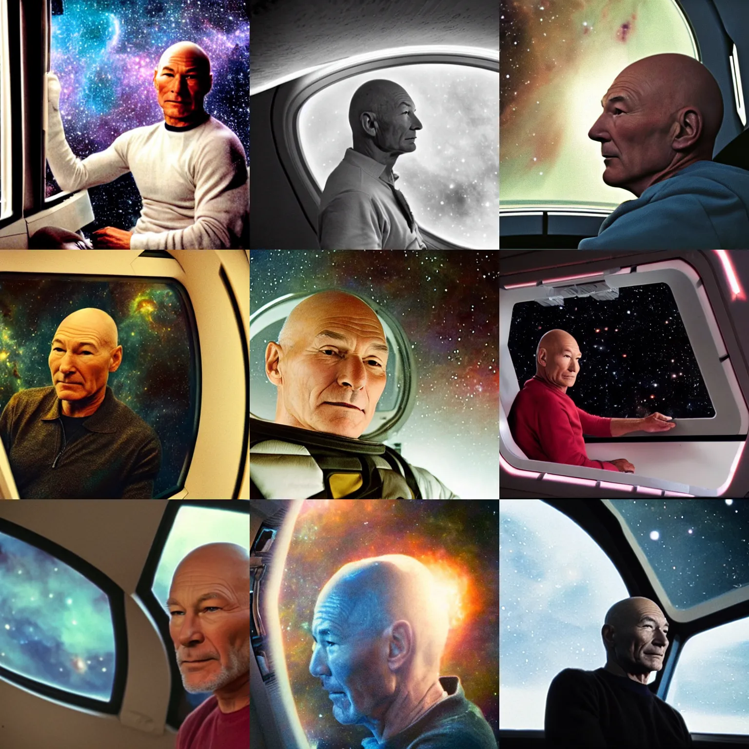 Prompt: patrick stewart in interior of a spaceship, looking out of the window at a nebula