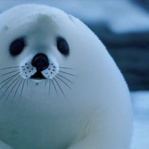 Prompt: baby harp seal as a host, film still from west world