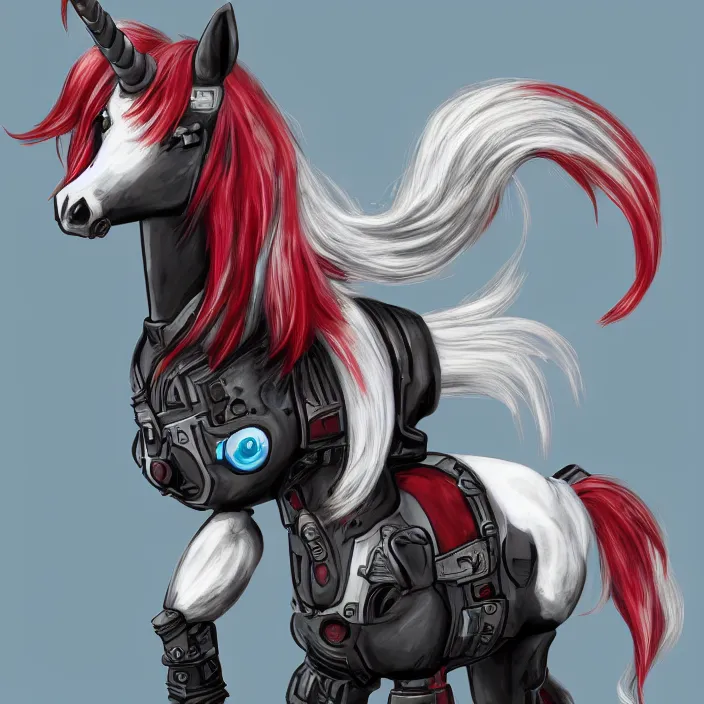 Image similar to Fallout Equestria Project Horizons | Blackjack Character Fanart | White MLP Unicorn Mare with red and black shaggy hair, and bright, robotic eyes. | Trending on ArtStation, Digital Art, MLP Fanart, Fallout Fanart | Hyperrealistic CGI Photorealistic Cyborg Unicorn