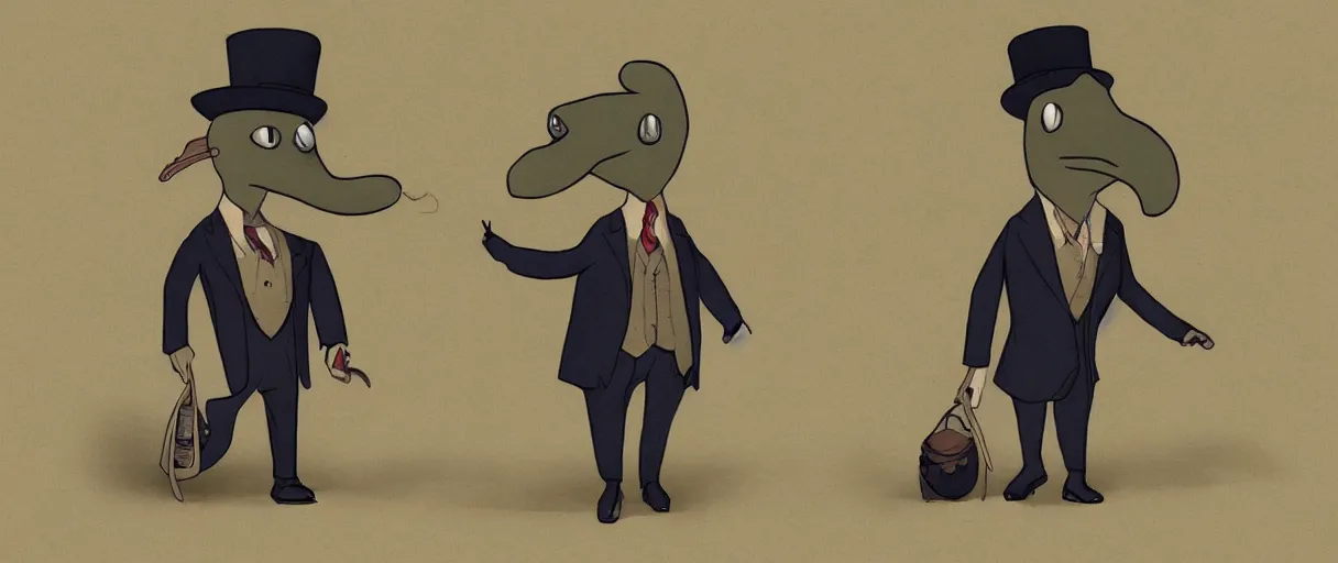 Image similar to a beautiful illustration of a strange anthropomorphic platypus creature wearing a suit and bowler hat going to job interview by James Jean | unreal engine:.3