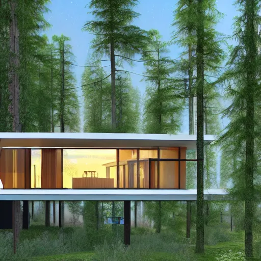 Image similar to a modern house in the woods. the house is the shape of a mobius strip with large picture windows. there are pine trees all around. digital art, 3 d render.