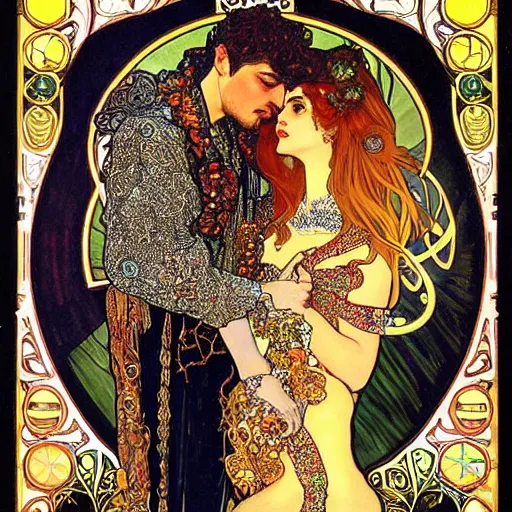 Image similar to realistic detailed dramatic symmetrical portrait of David and Dalida as Salome dancing, wearing an elaborate jeweled gown, by Alphonse Mucha and Gustav Klimt, gilded details, intricate spirals, coiled realistic serpents, Neo-Gothic, gothic, Art Nouveau, ornate medieval religious icon, long dark flowing hair spreading around her