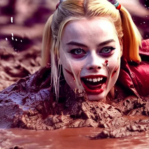 Image similar to film still, close up, margot robbie as harley quinn rising out of muddy vietnam river with a giant hammer, face covered in mud, low camera angle at water level, night time, film still from apocalypse now ( 1 9 7 9 ), 2 6 mm.