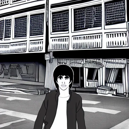 Image similar to anime illustration of young Paul McCartney from the Beatles, wearing a blue and white check shirt, silver sports watch, in front of shophouses in Singapore, relaxing and smiling at camera, white clouds, ufotable