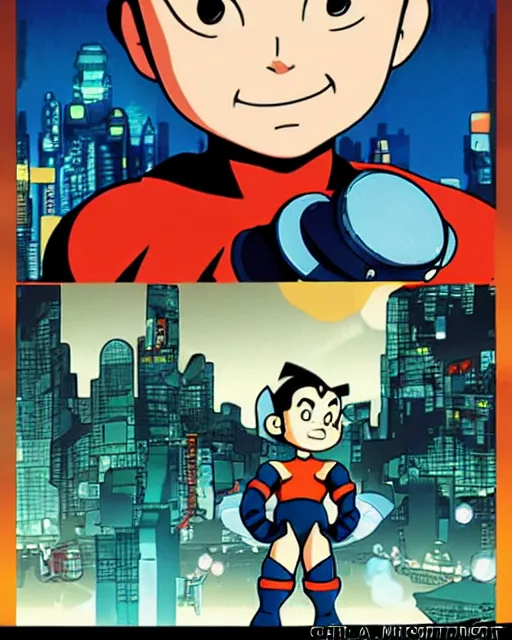 Image similar to a close up portrait of Astro boy in the style of Megaman, weapon on a ready looking determined overlooking a cyberpunk city in the background, full face portrait composition, 2D drawing by Mike Mignola, Yoji Shinkawa, flat colors, chiaroscuro lighting