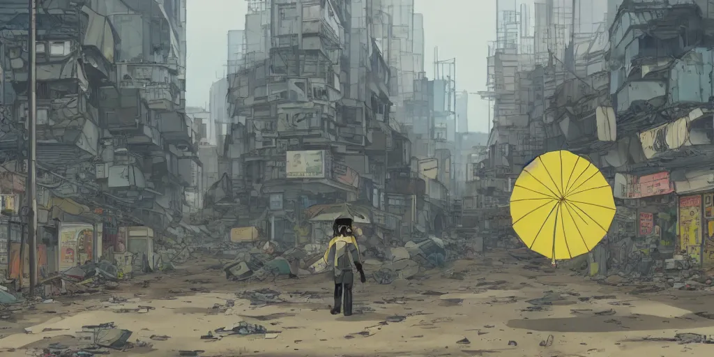 Prompt: a giant robot invasion side view, yellow parasol in deserted dusty shinjuku junk town, incredible wide screenshot, ultrawide, simple watercolor, rough paper texture, ghost in the shell movie scene, broken vending machines, bold graphic graffiti, old pawn shop, bright sun bleached ground, mud, fog, dust, windy, scary robot monster lurks in the background, ghost mask, teeth, animatronic, black smoke, pale beige sky, junk tv, texture, brown mud, dust, tangled overhead wires, telephone pole, dusty, dry, pencil marks, genius party, shinjuku, koji morimoto, katsuya terada, masamune shirow, tatsuyuki tanaka hd, 4k, remaster, dynamic camera angle, deep 3 point perspective, fish eye, dynamic scene