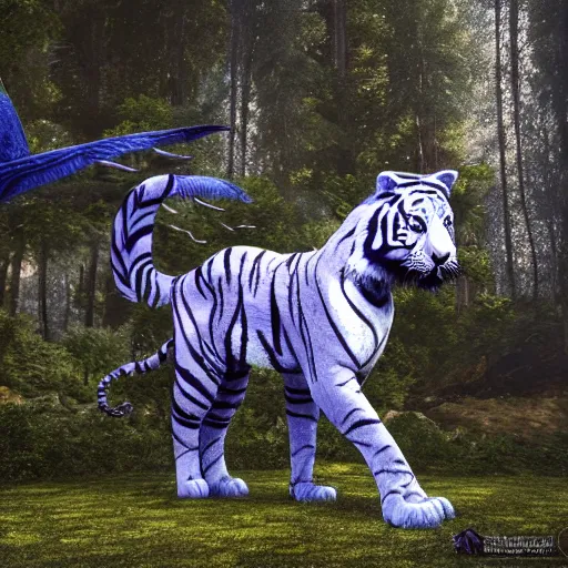 Image similar to fantasy blue tiger with wings in a forest, landscape, realistic, highly detailed, sharp focus, octane render, illustration, trending on Artstation