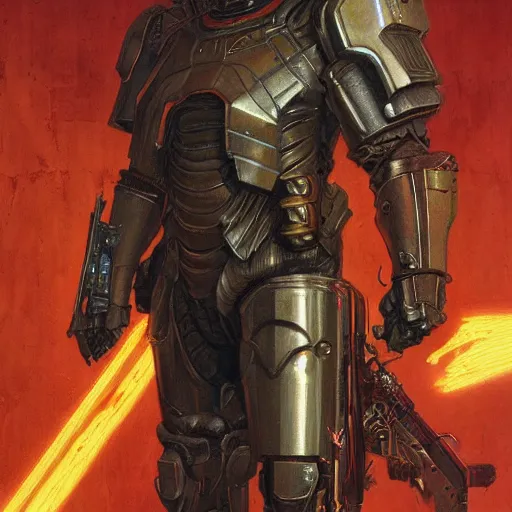 Image similar to the doomslayer as a cyberpunk knight, closeup portrait art by norman rockwell and donato giancola and greg rutkowski