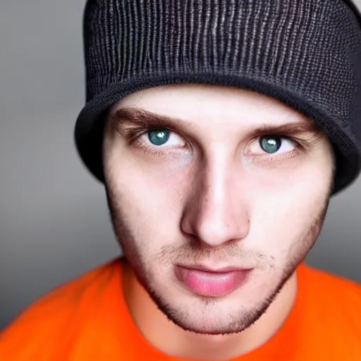 Image similar to close-up a 25 year old man wearing a black winter hat and a orange jail inmate tshirt, inside a underground facility, blue eyes, hideous, side lighting