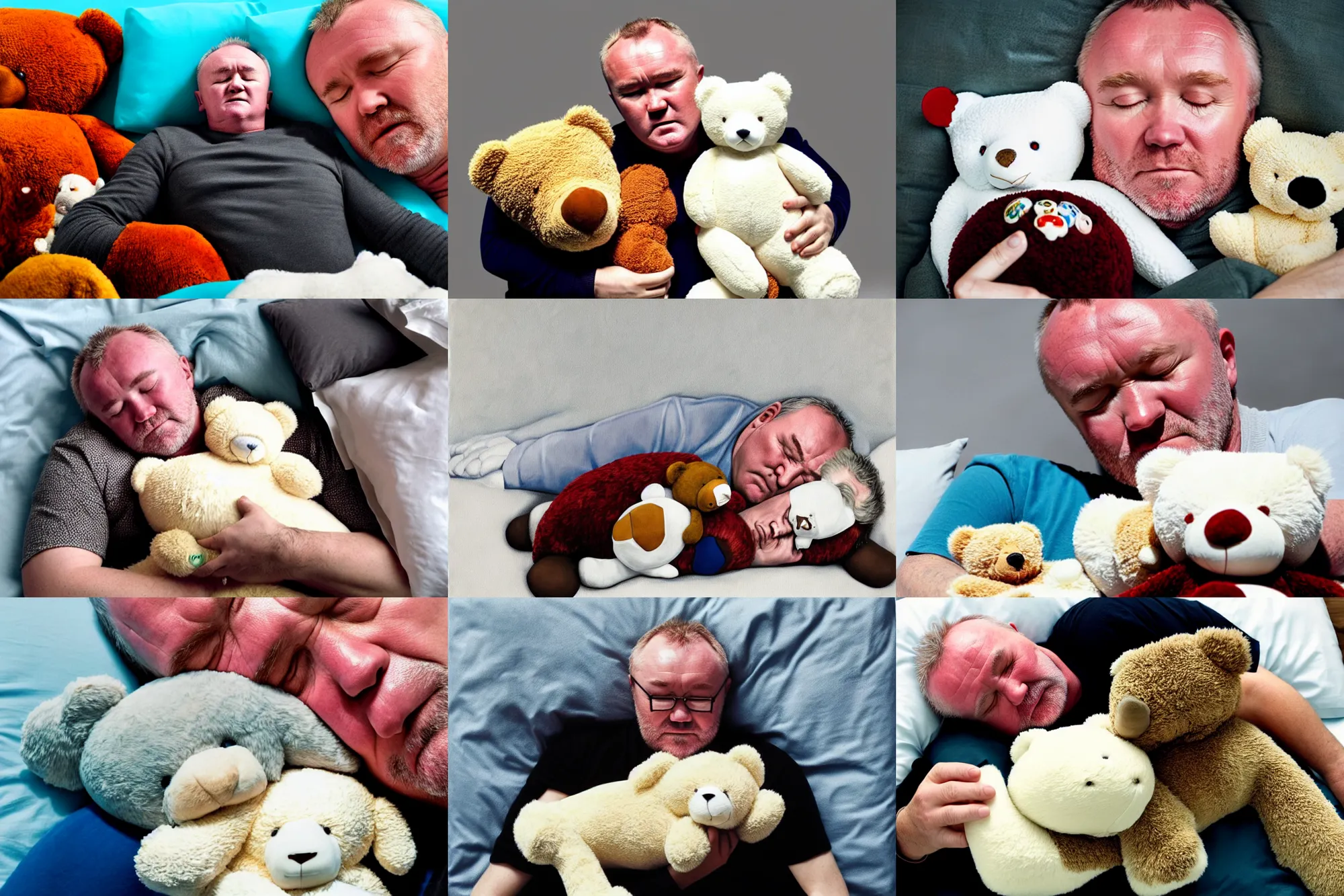 Prompt: portrait of damien hirst with closed eyes taking a nap with a teddy bear