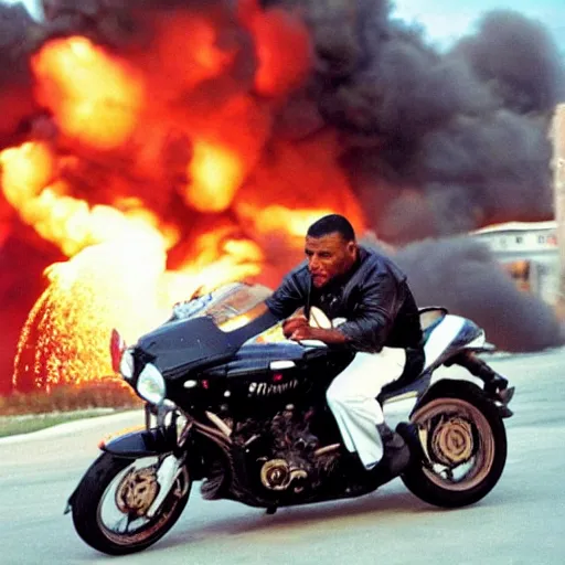 Prompt: mike tyson riding a motorcycle, explosion in the background