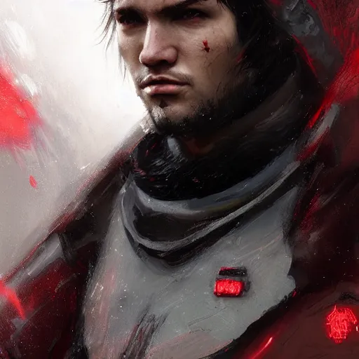 Image similar to portrait of a man by greg rutkowski, mixture between russian and japanese, black messy hair, star wars expanded universe, he is about 2 0 years old, wearing red tactical gear of the galactic triunvirate, highly detailed portrait, digital painting, artstation, concept art, smooth, sharp foccus ilustration, artstation hq