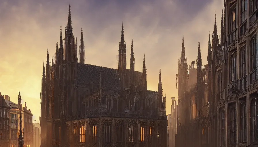 Image similar to neo - gothic brussels, view from the streets, sunset, light between buildings, empty streets, hyperdetailed, artstation, cgsociety, 8 k