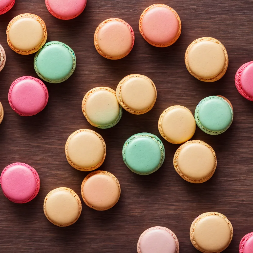 Prompt: top-down view of macarons on top of a wooden table, 4k, photorealistic