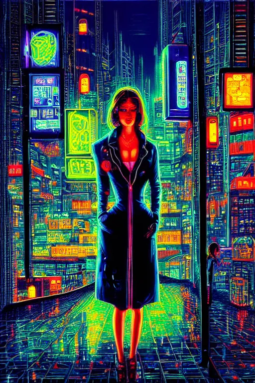 Prompt: dreamy cyberpunk girl, neon coat, detailed acrylic, city bar, intricate complexity, by dan mumford and by alberto giacometti, peter lindbergh