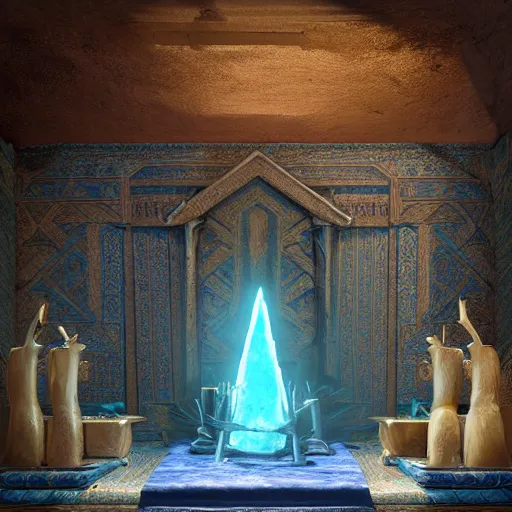 Image similar to fantasy movie scene greg rutkowski digital painting of an ornate and royal egyptian antechamber tomb with a old twisted wooden staff weapon with a blue crystal at it's tip laying on a stone altar, unreal engine, hyper realism, realistic shading, cinematic composition, blender render, octane render, hdr, detailed textures, photorealistic, 3 5 mm film