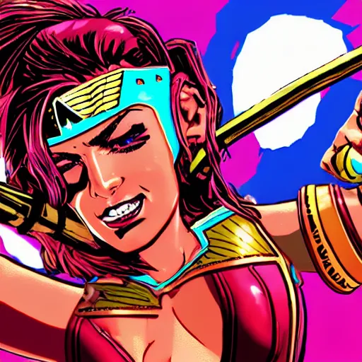 Image similar to wonder woman in hotline miami, video game, gameplay,