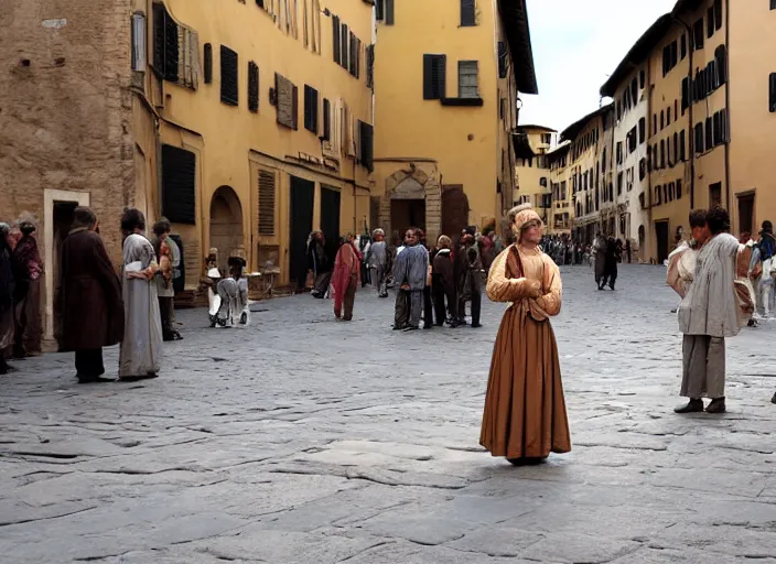 Prompt: street scene from a 2 0 1 0 film set in 1 4 5 0 florence italy showing a young noblewoman